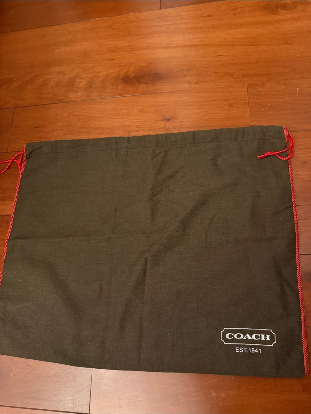 Coach Olive Green Drawstring Dust Bag with Red Trim